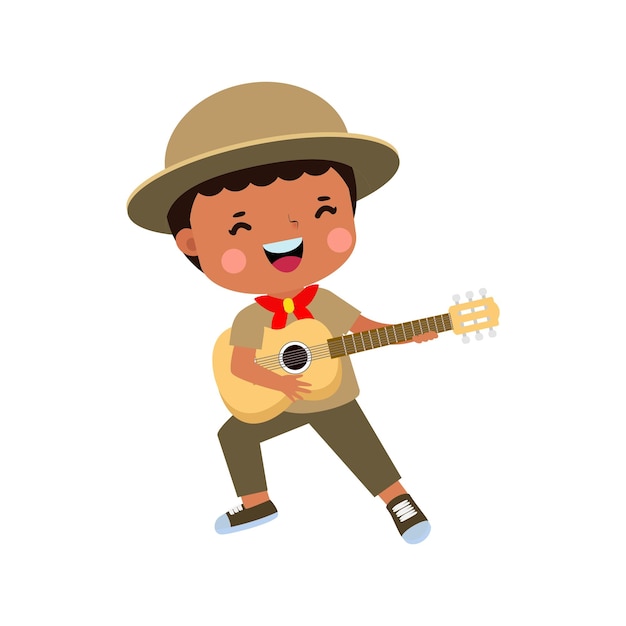 Lindo pequeño explorador afroamericano tocando la guitarra niño feliz niña exploradora uniforme de honor campamento de verano