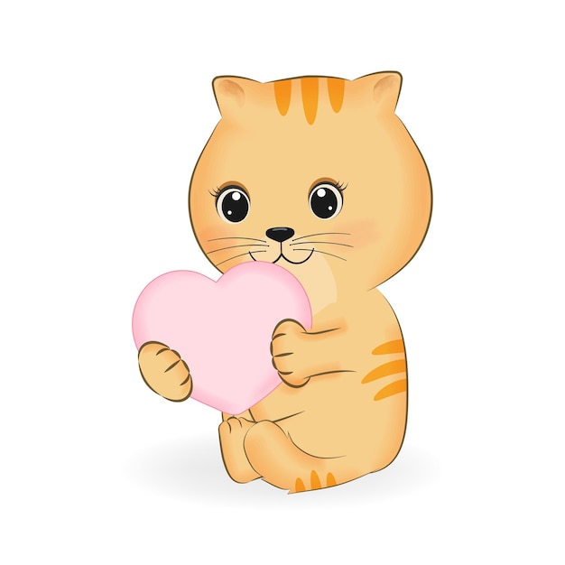 Lindo pequeño gato naranja y corazón ilustración de dibujos animados de animales