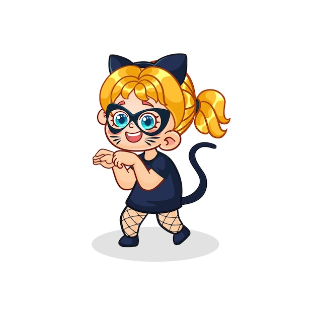 Lindo pequeño gato negro traje niño vector personaje de dibujos animados. Cabrito en traje de Halloween.