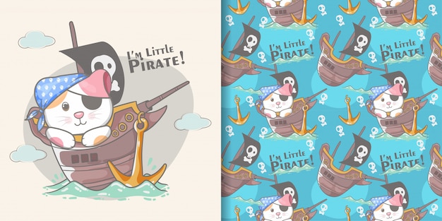 Lindo pequeño gato pirata sin fisuras patrón y tarjeta de ilustración