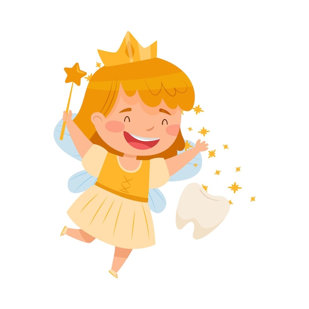 El lindo pequeño hada del diente con el primer diente de bebé y la ilustración vectorial de la varita