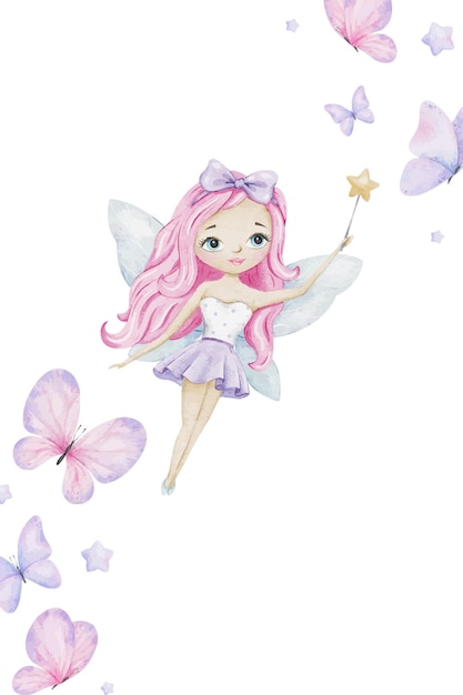 Lindo pequeño hada con una varita mágica y alas azules aisladas ilustración de acuarela para niños artículos ropa postales baby shower y habitación de niños