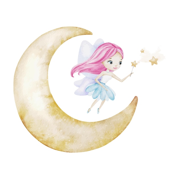 Lindo pequeño hada con varita mágica estrellas castillo para una princesa nubes fondo infantil acuarela marco redondo diseño aislado para niños tarjetas postales de productos ducha de bebé y habitación infantil