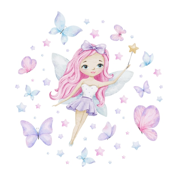 Lindo pequeño hada con varita mágica mariposas y estrellas dibujado a mano aislado acuarela ilustración para niños artículos ropa postales baby shower y habitación de niños