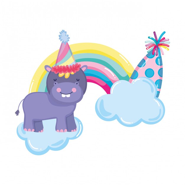 Lindo y pequeño hipopótamo con sombrero de fiesta y arco iris.