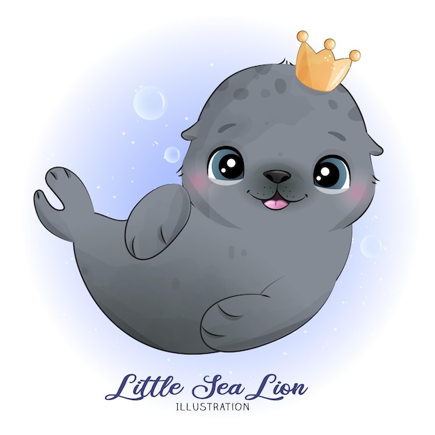 Vector lindo pequeño león marino con ilustración acuarela