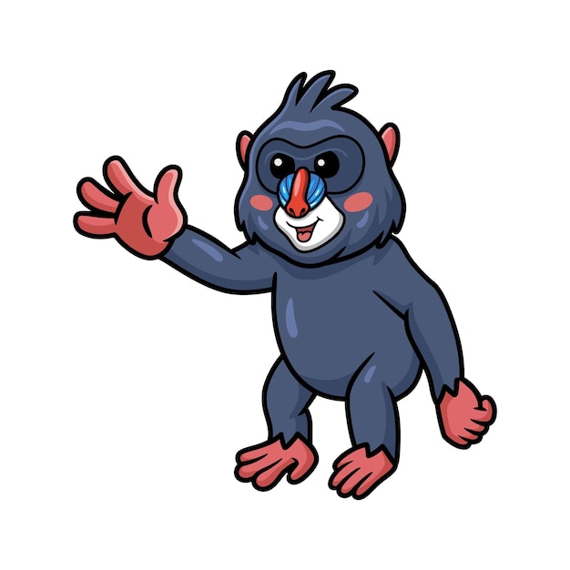 Lindo pequeño mandril de dibujos animados agitando la mano