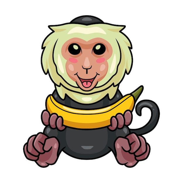 Lindo pequeño mono capuchino de dibujos animados con plátano