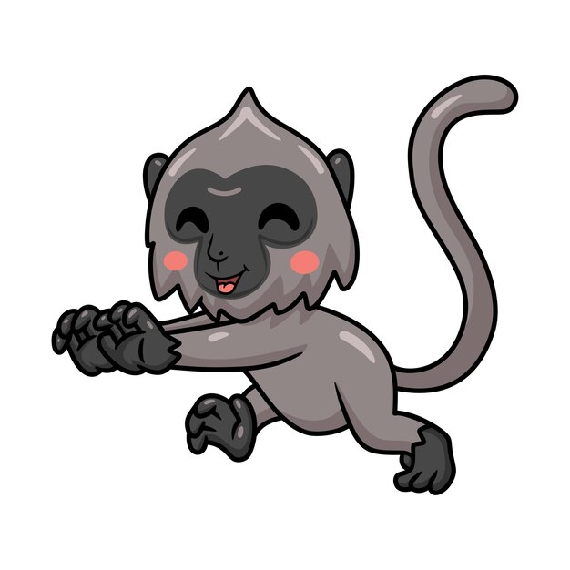 Lindo pequeño mono langur gris de dibujos animados corriendo
