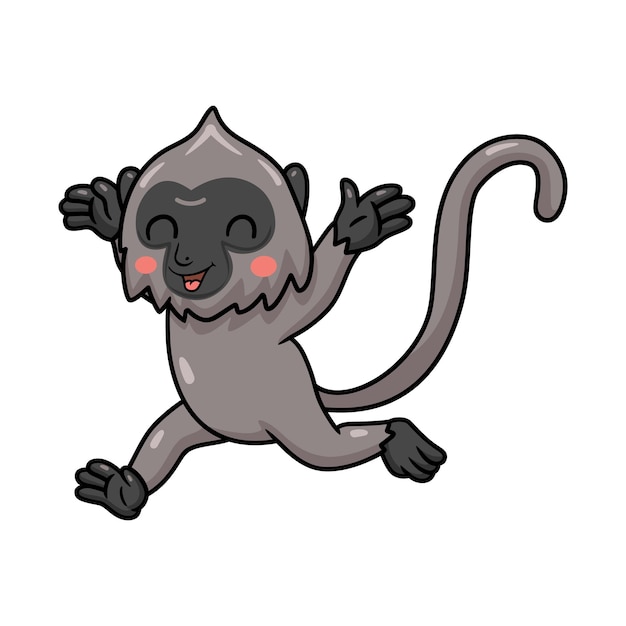 Lindo pequeño mono langur gris de dibujos animados corriendo
