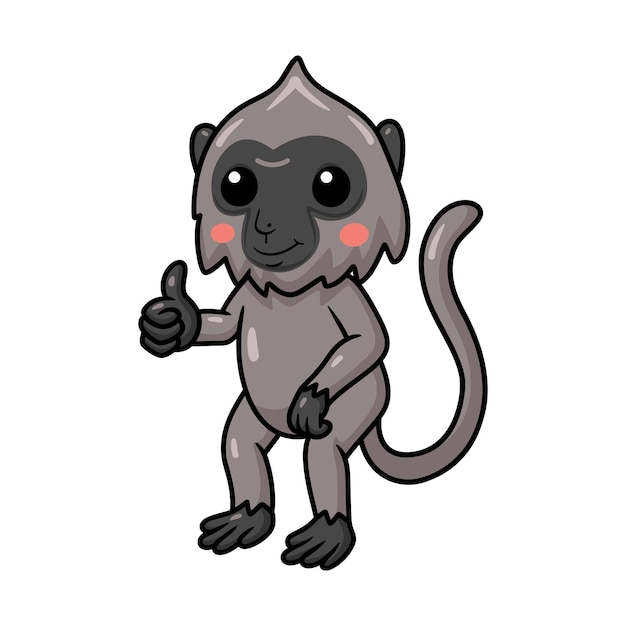 Lindo pequeño mono langur gris de dibujos animados dando pulgar hacia arriba