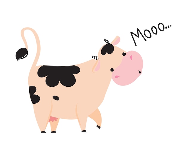 Lindo pequeño Mooing vaca adorable gracioso animal de granja personaje de dibujos animados ilustración vectorial