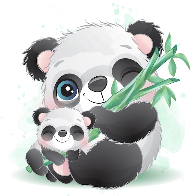 Vector lindo pequeño panda padre y bebé