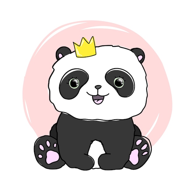 Vector lindo pequeño panda princesa bebé animales con corona niño ilustración fondo de garabato rosa