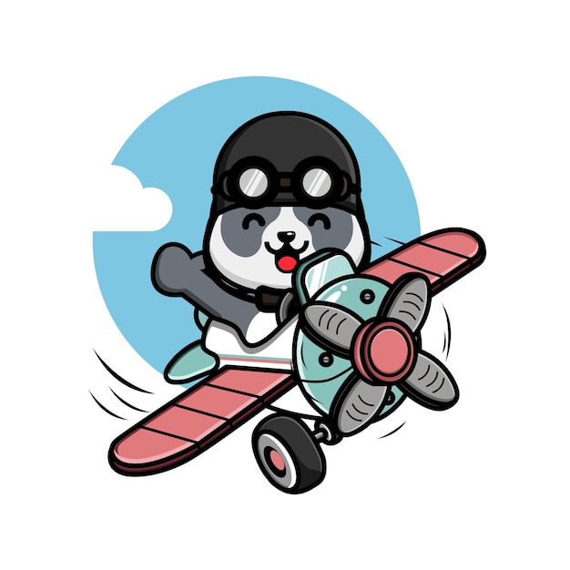 Lindo pequeño panda volando con ilustración de avión