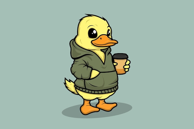 Lindo pequeño pato con Hoddie y taza de café Mascota personaje de dibujos animados