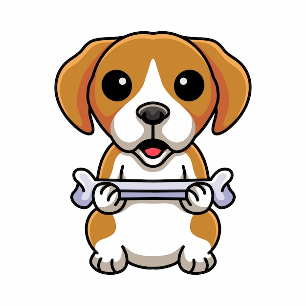 Lindo pequeño perro beagle de dibujos animados sosteniendo un hueso