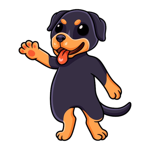 Lindo pequeño perro rottweiler dibujos animados agitando la mano