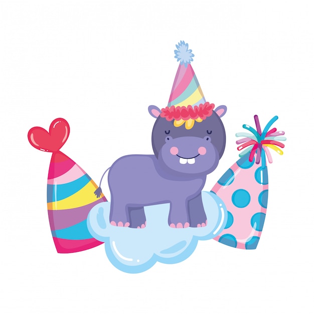 Lindo y pequeño personaje hipopótamo con sombrero de fiesta.