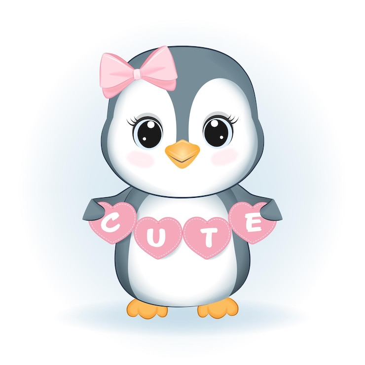 Vector lindo pequeño pingüino y corazón rosa