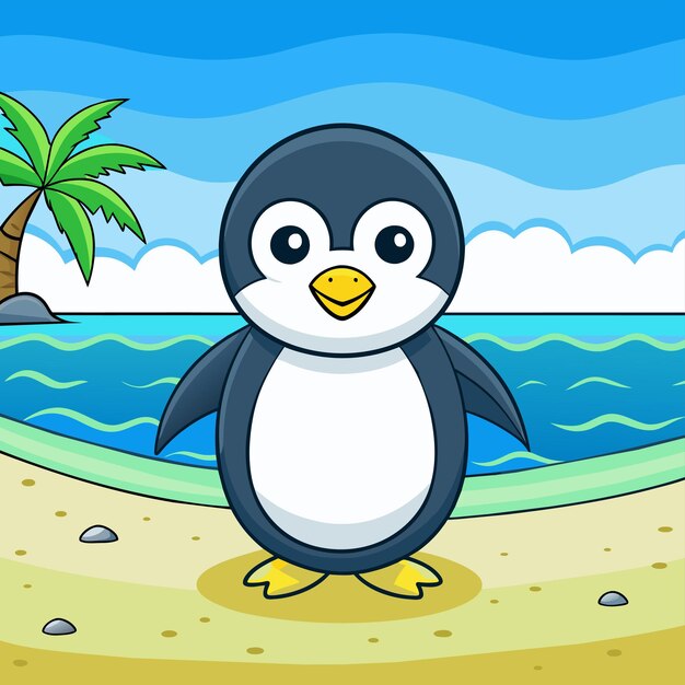 Vector lindo pequeño pingüino dibujado a mano plano elegante mascota personaje de dibujos animados dibujo pegatina concepto de icono