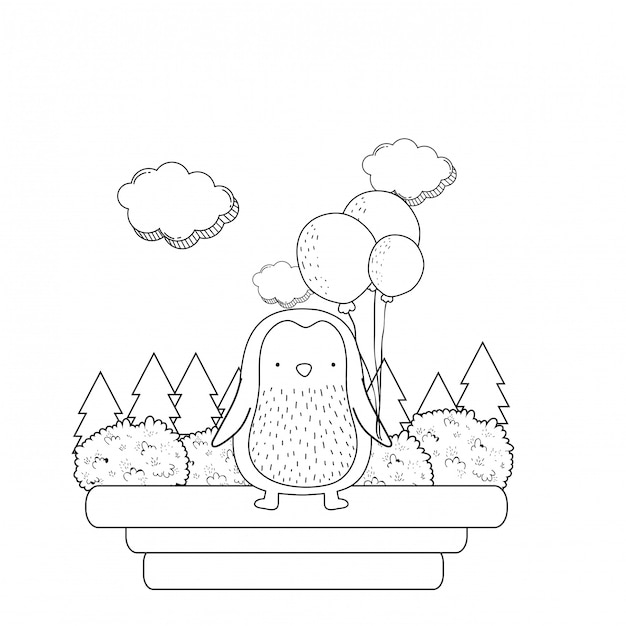 Lindo pequeño pingüino con globos de helio en el campo