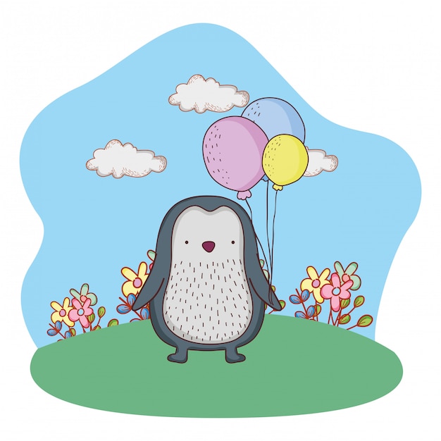 Lindo pequeño pingüino con globos de helio en el campo