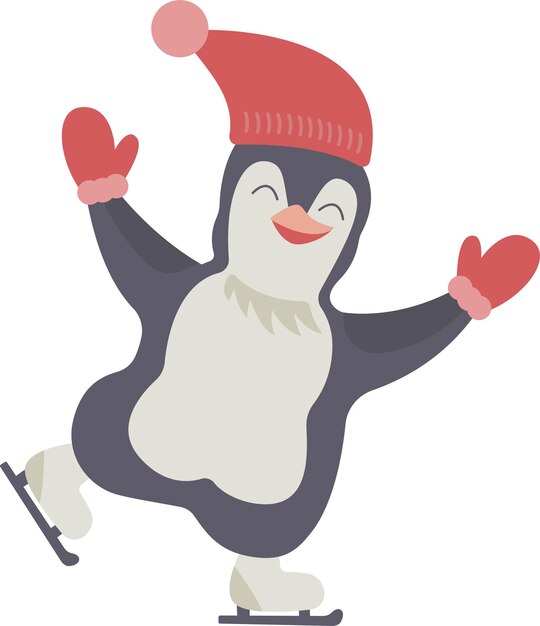 Lindo pequeño pingüino patinador feliz con una gorra roja y mitones sobre fondo transparente