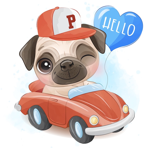 Lindo pequeño pug conduciendo un automóvil