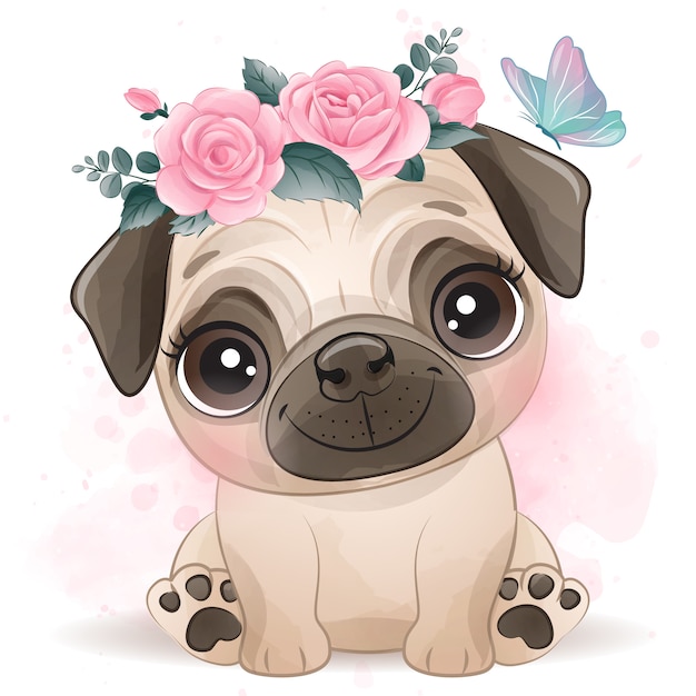 Vector lindo pequeño pug con flores