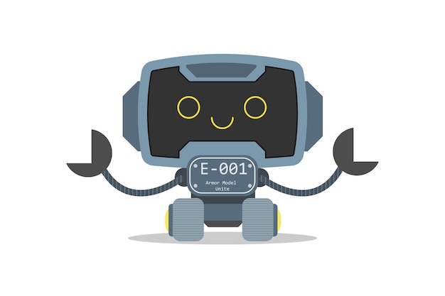 Vector lindo pequeño robot azul amigable sonriendo con pose de abrazo aislado en blanco