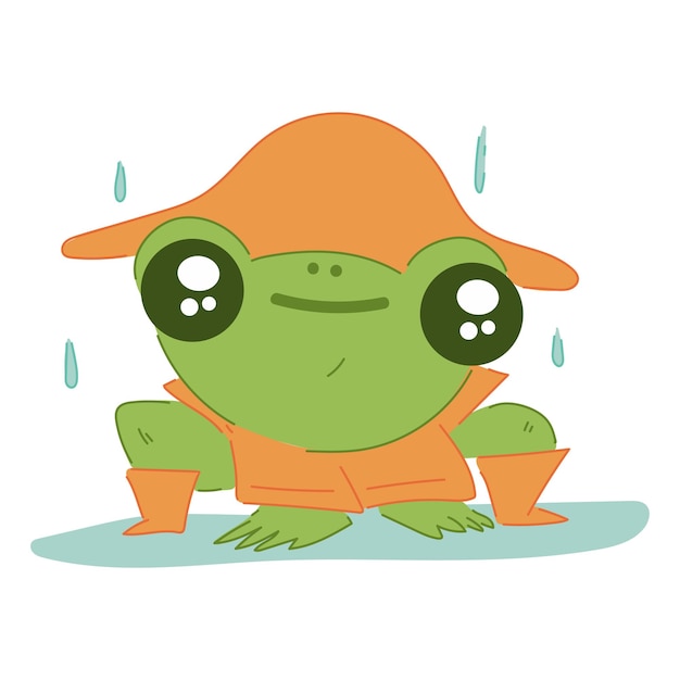 Lindo pequeño sapo bajo la lluvia ilustración de dibujos animados vectorial aislada sobre un fondo blanco