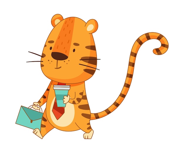Lindo pequeño tigre caminando con una maleta y una taza de café adorable personaje de dibujos animados de animales empresarios