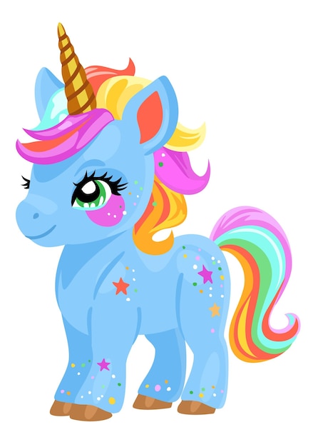 Lindo pequeño unicornio azul con cabello y cola brillantes Ilustración aislada vectorial