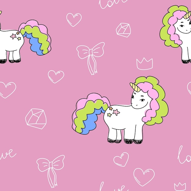 Lindo pequeño unicornio con corazones arco corona línea diamante blanco rosa patrón y papel para álbum de recortes