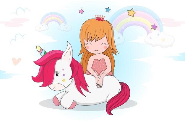 Vector lindo pequeño unicornio mágico con princesa diseño vectorial sobre fondo blanco. imprimir para camiseta.