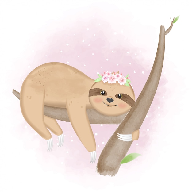 Lindo perezoso en el árbol llustration dibujado a mano
