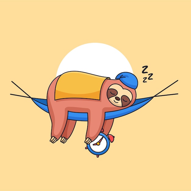 Lindo perezoso durmiendo vistiendo una manta y sosteniendo un despertador ilustración de vector de dibujos animados de animales
