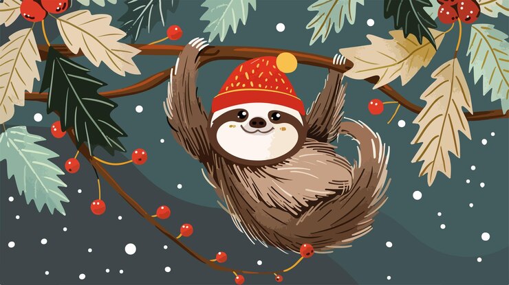 Vector lindo perezoso con sombrero de navidad ilustración vectorial de la vid en escalada