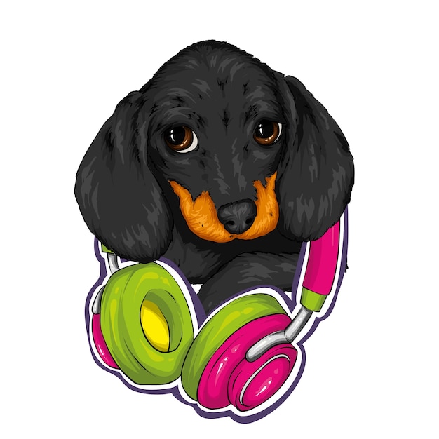 Vector lindo perrito en auriculares.