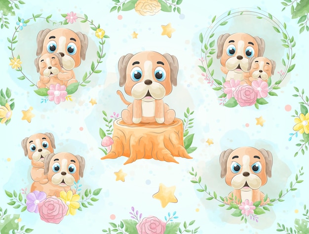 Vector lindo perrito con conjunto de ilustración de acuarela