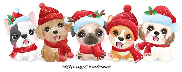 Lindo perrito doodle para navidad con ilustración acuarela