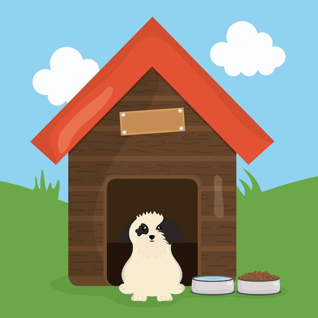 Vector lindo perrito en personaje de casa de madera para mascotas