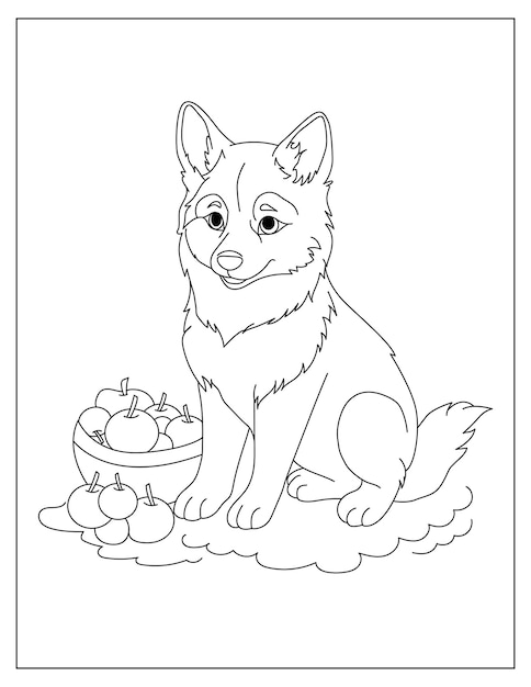 Vector lindo perrito sentado cerca del cuenco con manzanas para colorear página para niños