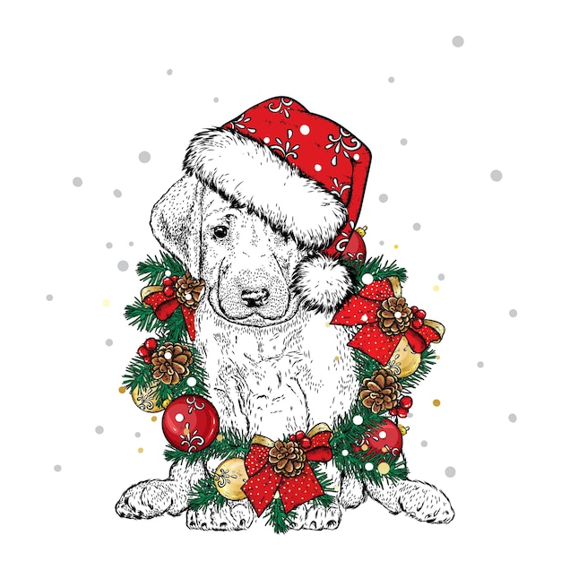 Lindo perrito con un sombrero de Navidad y una corona