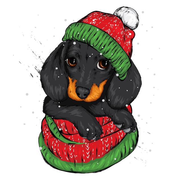 Vector lindo perrito con un sombrero de santa claus. año nuevo y navidad.