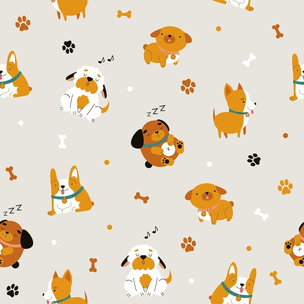 lindo, perritos, seamless, vector, patrón