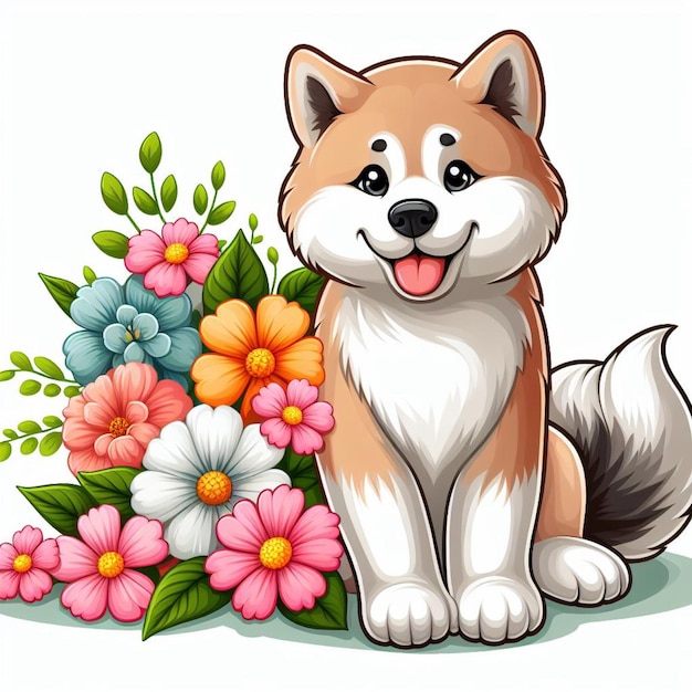 El lindo perro Akita y las flores Ilustración de dibujos animados vectoriales