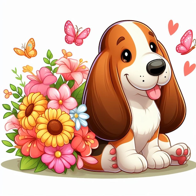 Lindo perro Basset Hound y flores Ilustración de dibujos animados vectorial