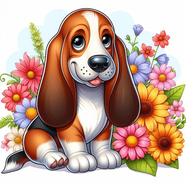 Vector lindo perro basset hound y flores ilustración de dibujos animados vectorial